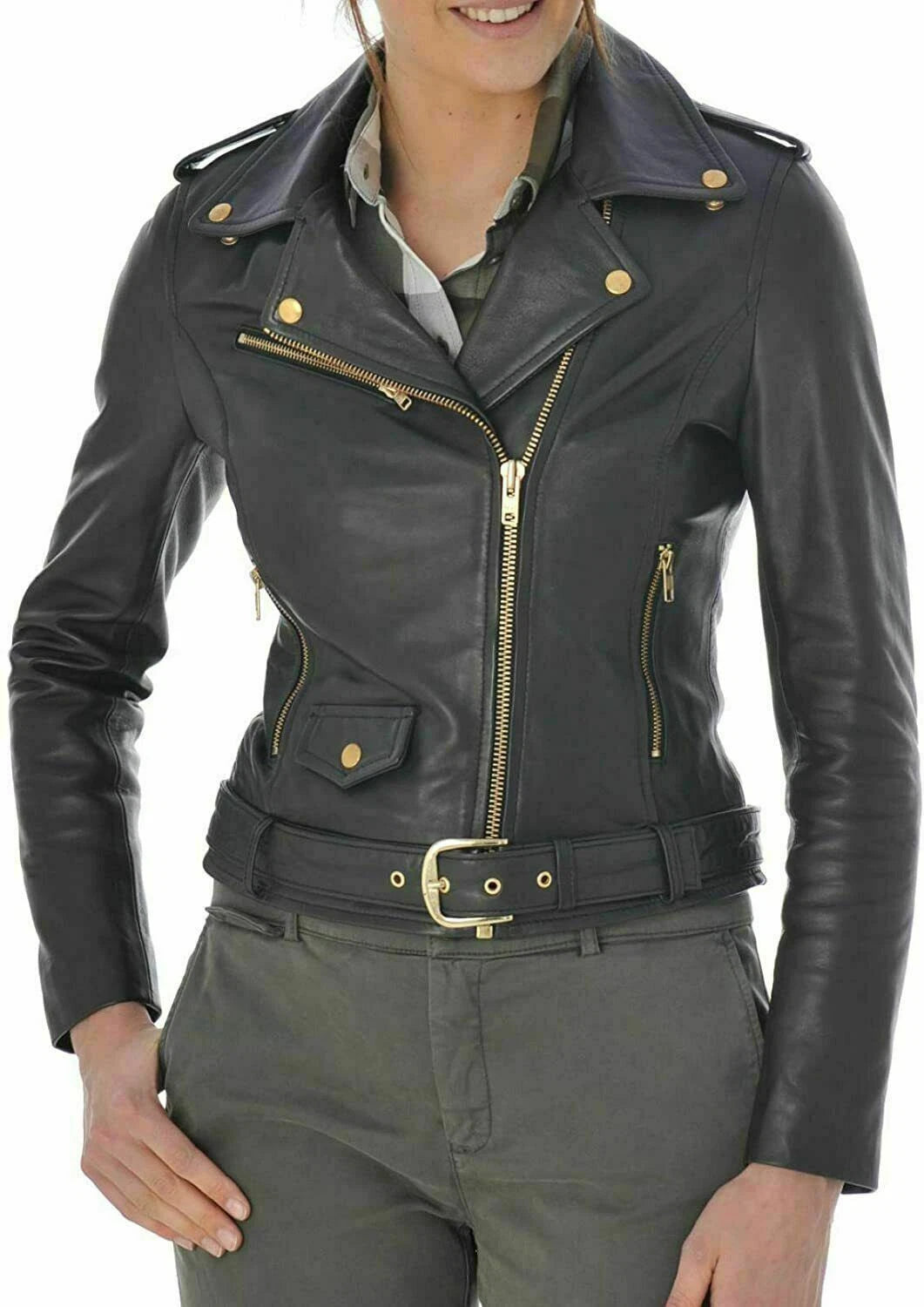 Classic Original Black Leather Premium Biker Jacket - Brass Hardware