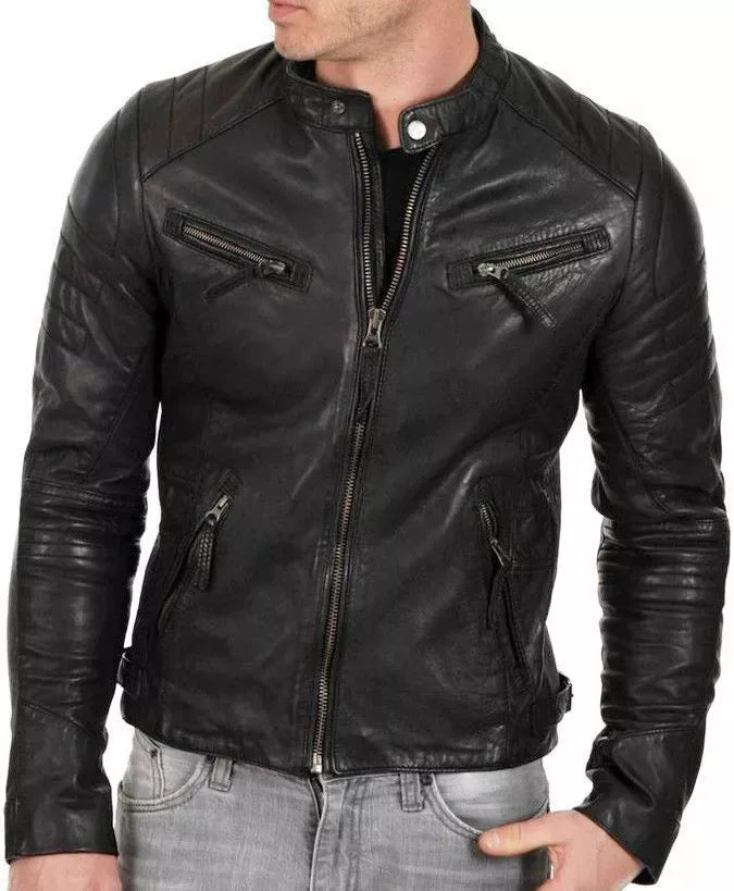 Men's Black Original Leather Biker Jacket - Premium Quilted Moto Style