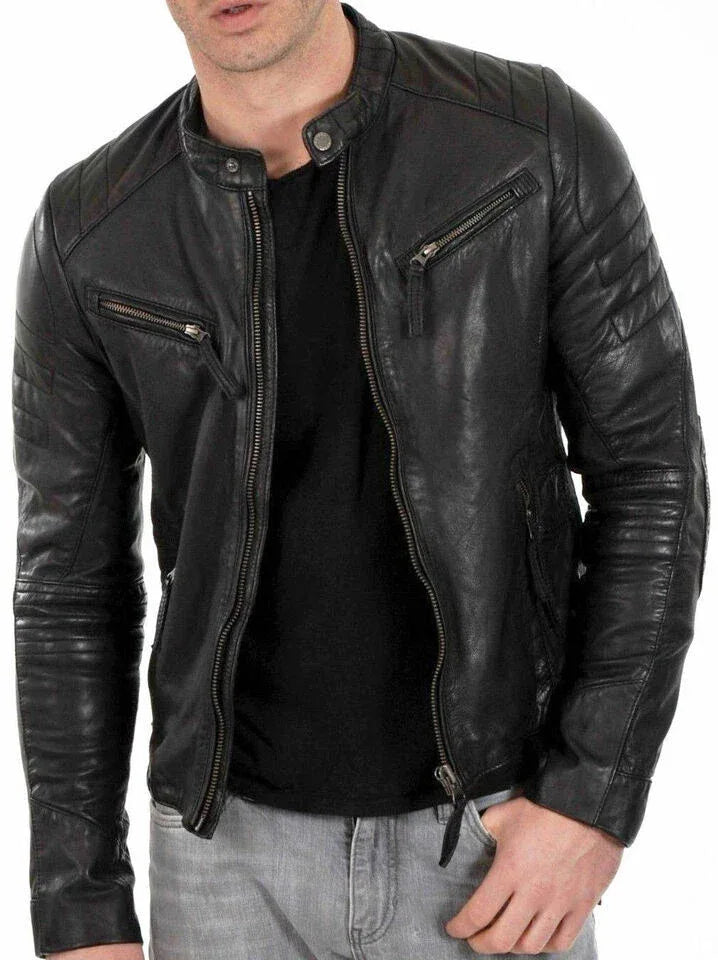 Men's Black Original Leather Biker Jacket - Premium Quilted Moto Style