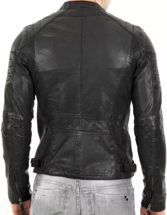 Men's Black Original Leather Biker Jacket - Premium Quilted Moto Style