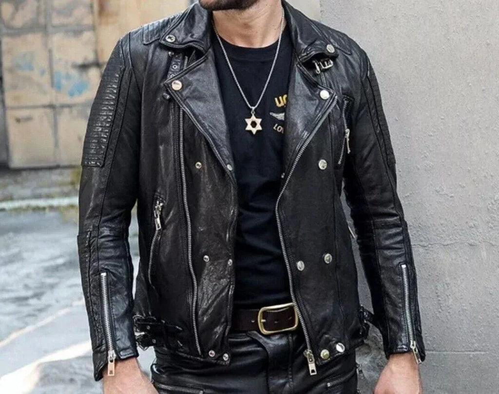 Men's Distressed Black Original Leather Biker Jacket - Premium Vintage Moto Style