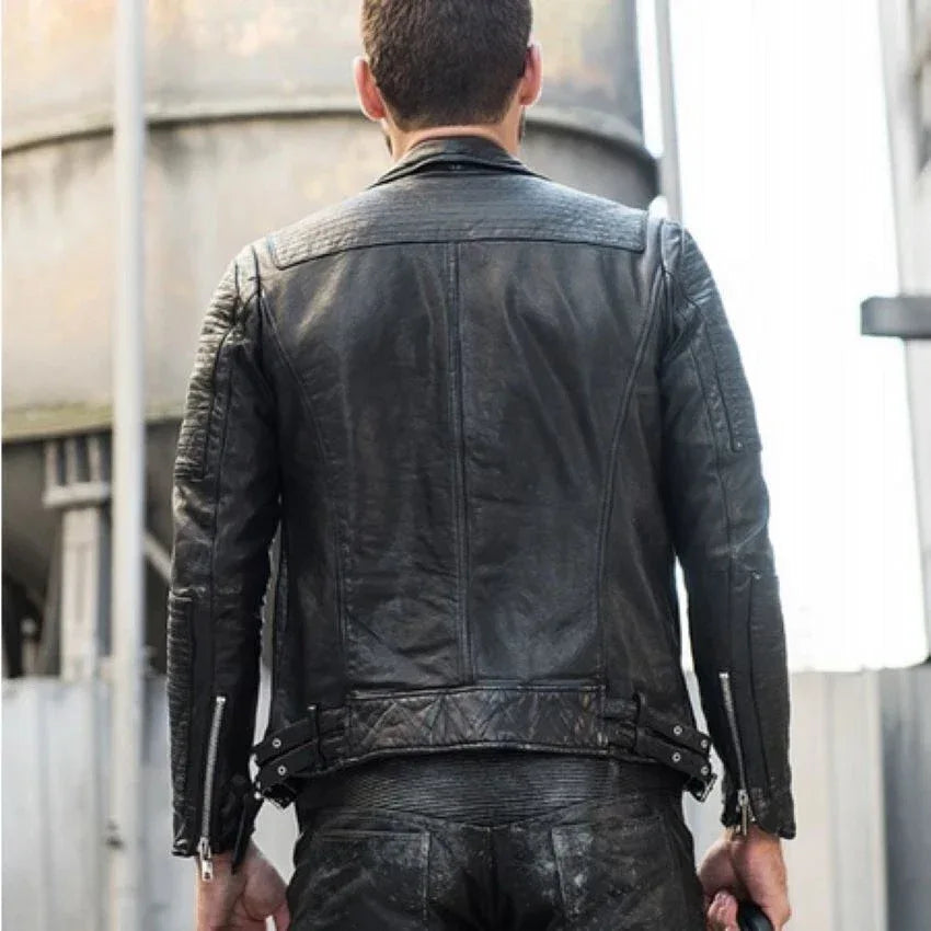 Men's Distressed Black Original Leather Biker Jacket - Premium Vintage Moto Style