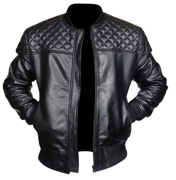 Men's Black Original Premium Leather Bomber Jacket - Diamond Quilted Shoulders