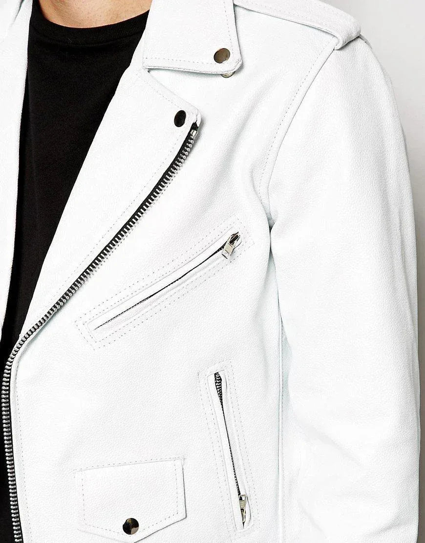 Men's White Original Leather Biker Premium Jacket - Classic Moto Style