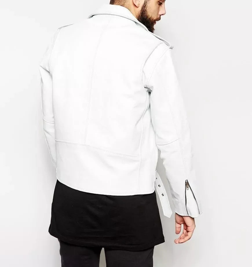 Men's White Original Leather Biker Premium Jacket - Classic Moto Style