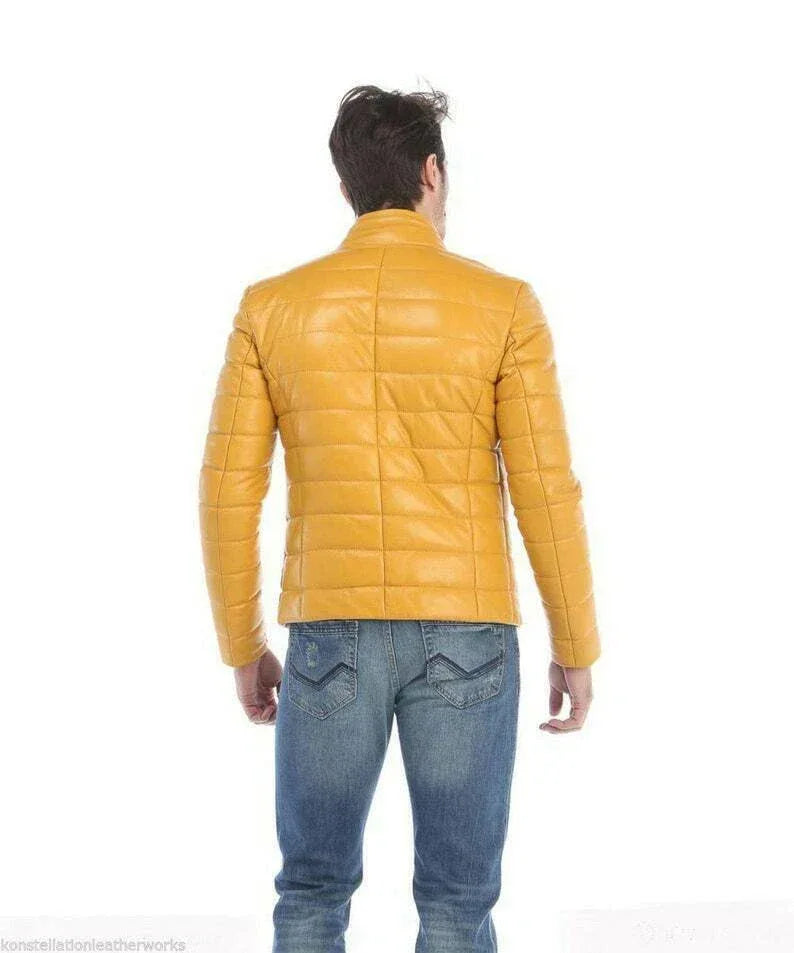 Men's Yellow Original Leather Jacket - Premium Quilted Racer Style
