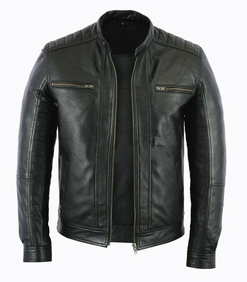 Men's Black Original Leather Biker Jacket - Premium Quilted Shoulder Racer Style