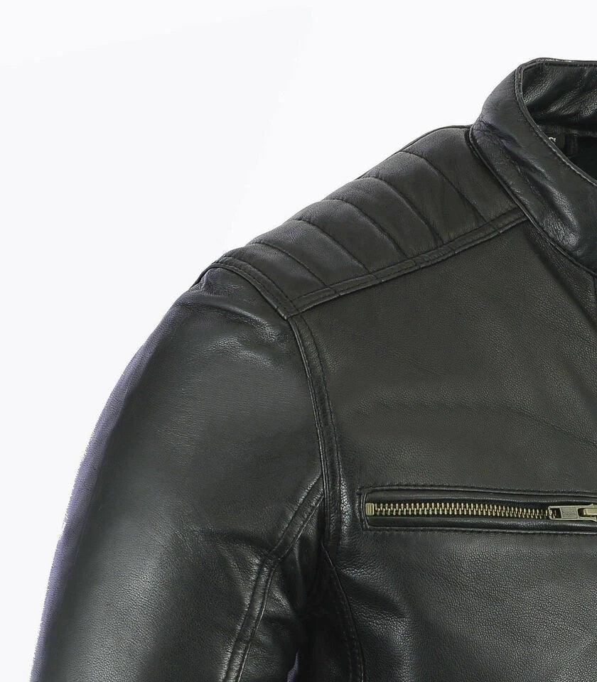 Men's Black Original Leather Biker Jacket - Premium Quilted Shoulder Racer Style