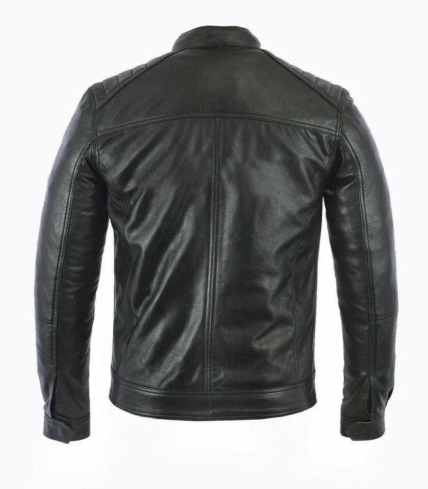Men's Black Original Leather Biker Jacket - Premium Quilted Shoulder Racer Style