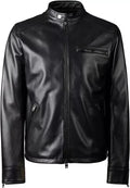 Men's Original Black Leather Racer Jacket with Band Collar - Premium Minimalist Café Racer