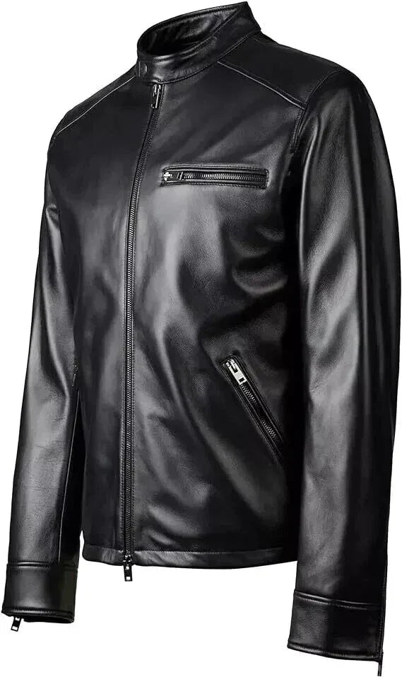 Men's Original Black Leather Racer Jacket with Band Collar - Premium Minimalist Café Racer