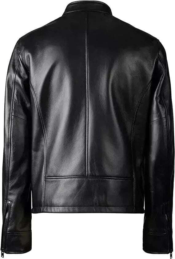 Men's Original Black Leather Racer Jacket with Band Collar - Premium Minimalist Café Racer
