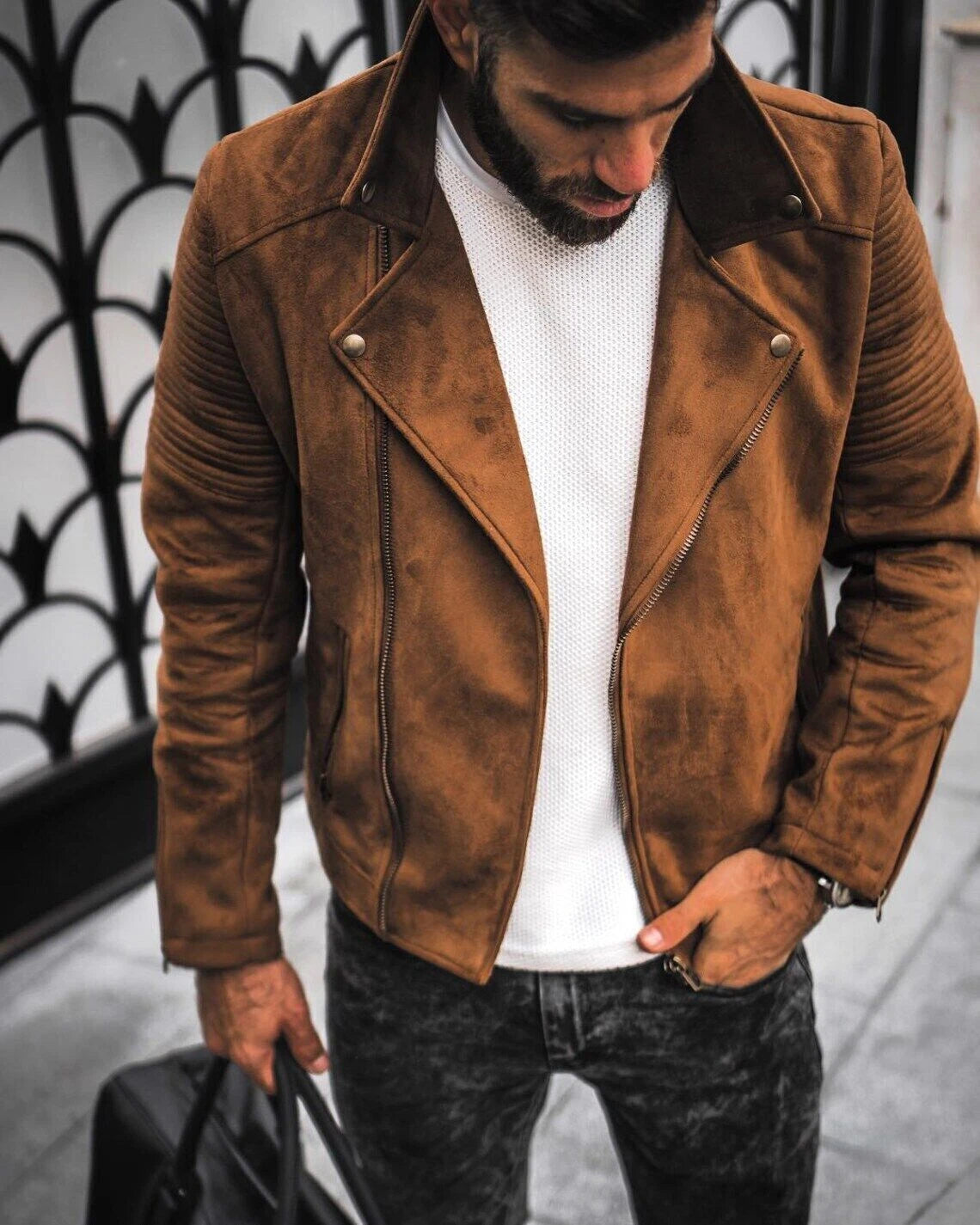 Tan Original Men Suede Biker Jacket with Ribbed Sleeves - Handcrafted Full-Grain Leather