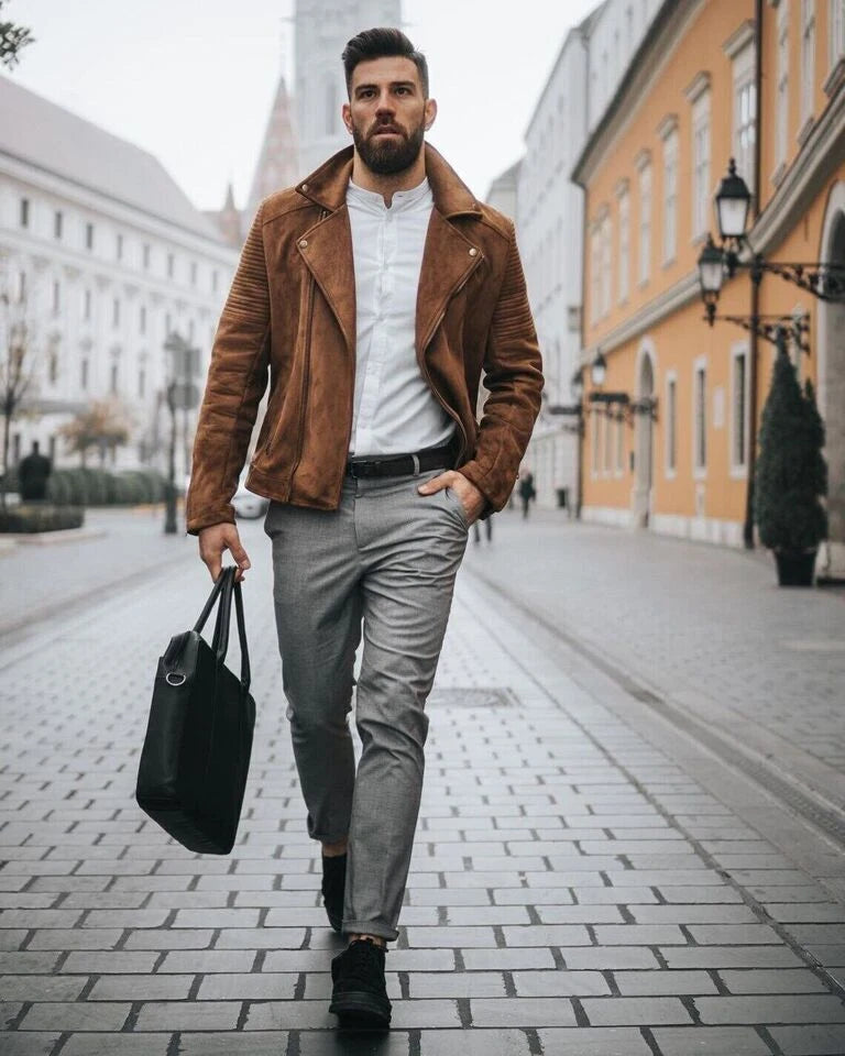 Tan Original Men Suede Biker Jacket with Ribbed Sleeves - Handcrafted Full-Grain Leather