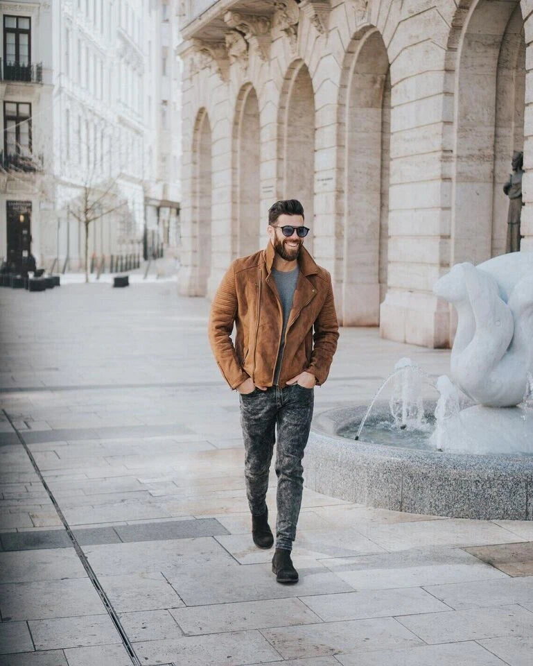 Tan Original Men Suede Biker Jacket with Ribbed Sleeves - Handcrafted Full-Grain Leather