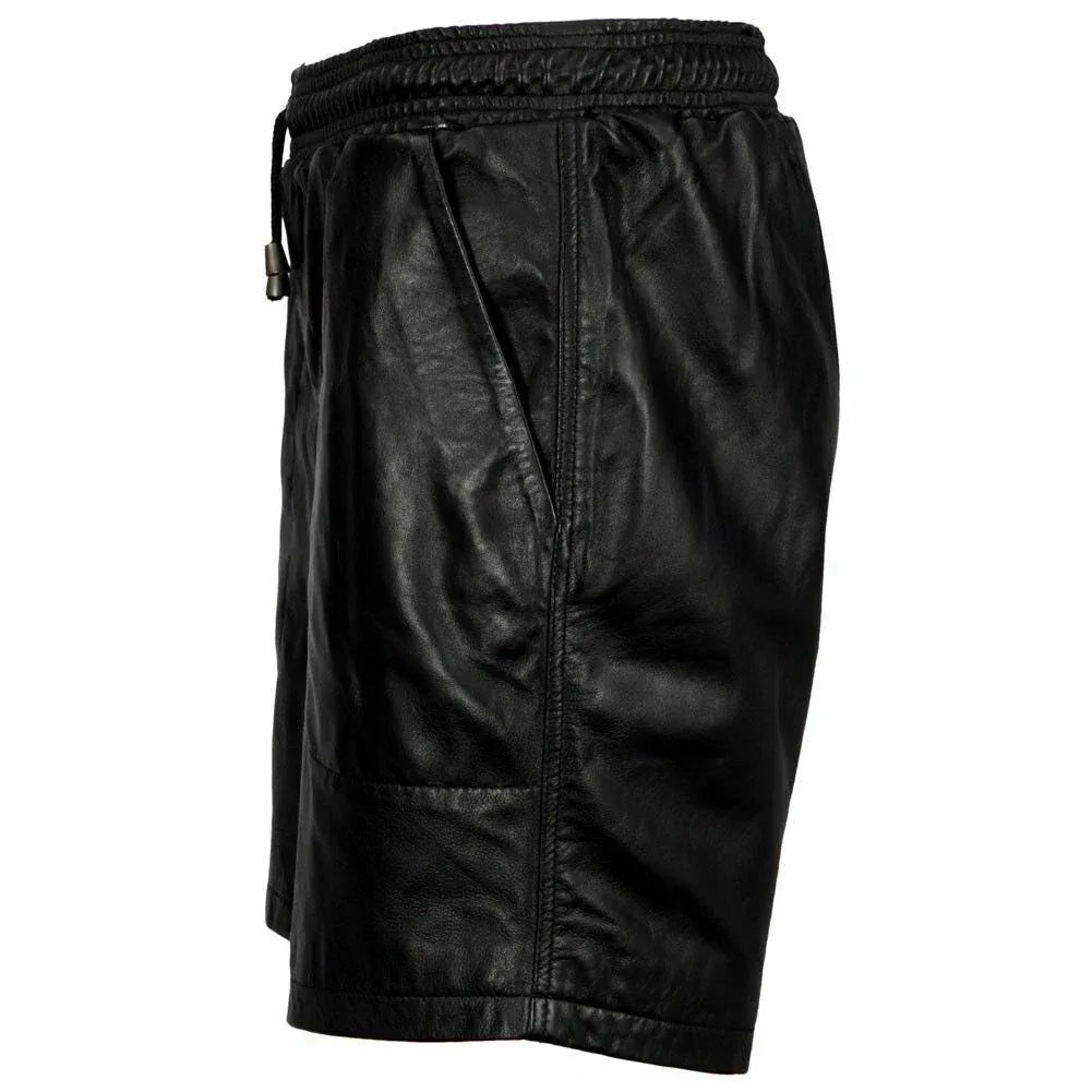 Original Black Leather Jogger Shorts - Premium Full-Grain Leather Drawstring Shorts for Men & Women