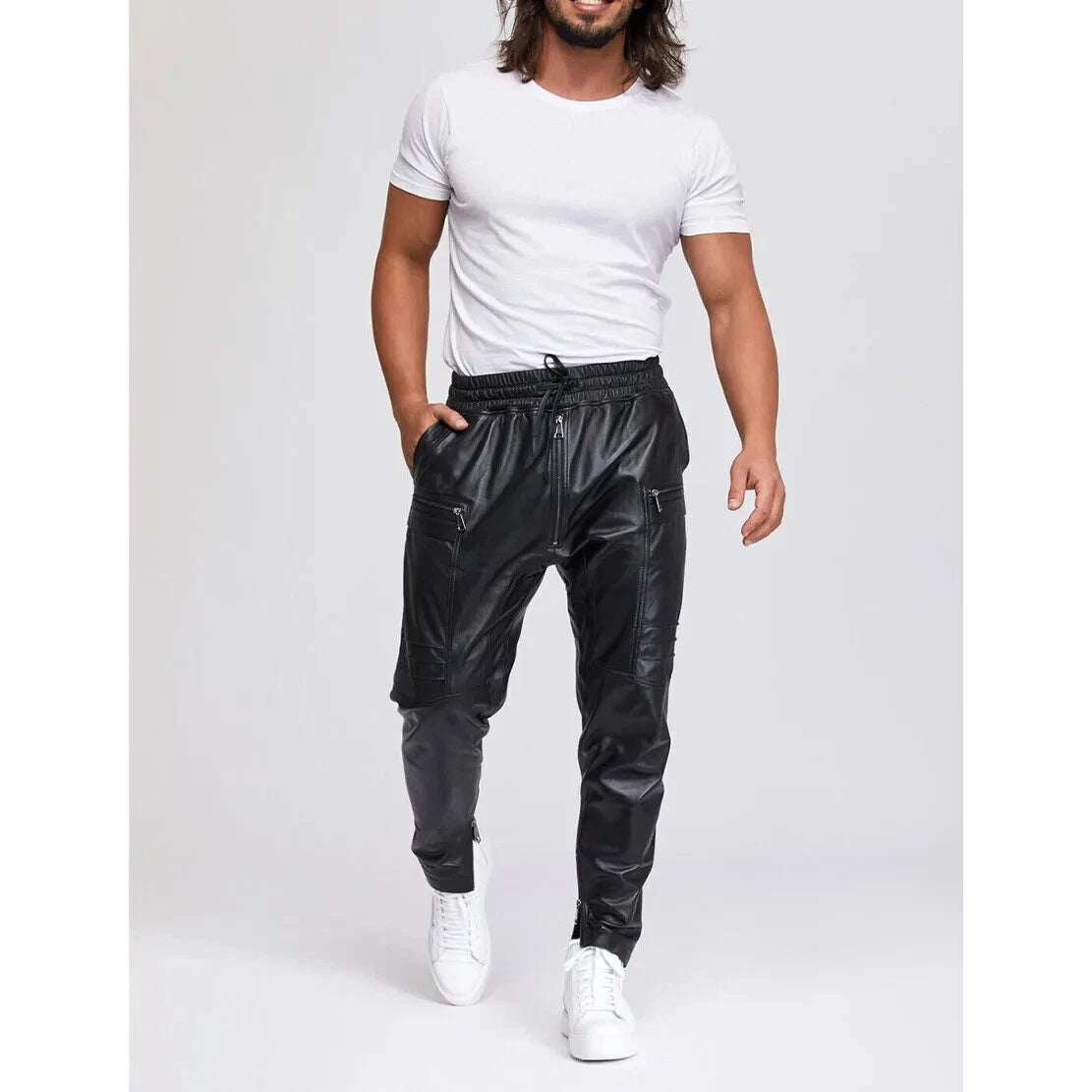 Men's Black Original Leather Cargo Jogger Pants - Premium Full-Grain Handcrafted Utility