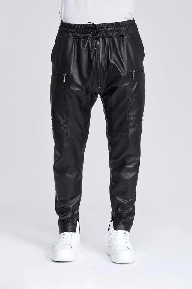 Men's Black Original Leather Cargo Jogger Pants - Premium Full-Grain Handcrafted Utility