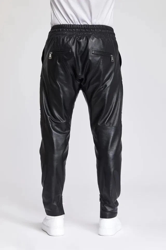 Men's Black Original Leather Cargo Jogger Pants - Premium Full-Grain Handcrafted Utility