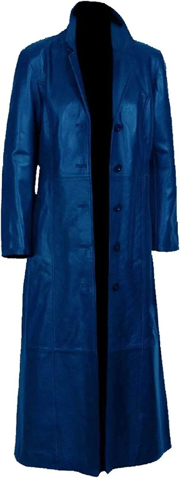 Men's Royal Blue Full-Grain Original Leather Trench Coat - Premium Long Leather Coat