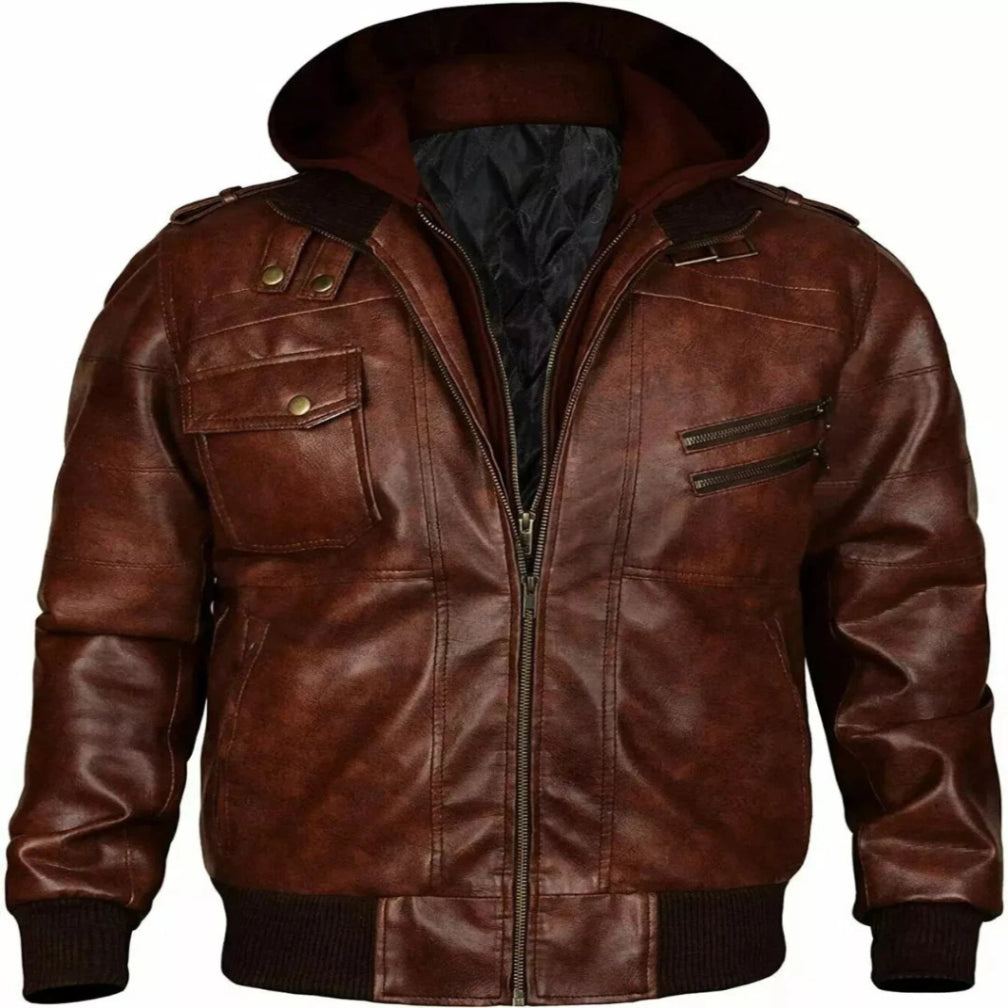 Men's Premium Brown Washed Lambskin Original Leather Hooded Bomber Jacket