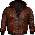 Men's Premium Brown Washed Lambskin Original Leather Hooded Bomber Jacket