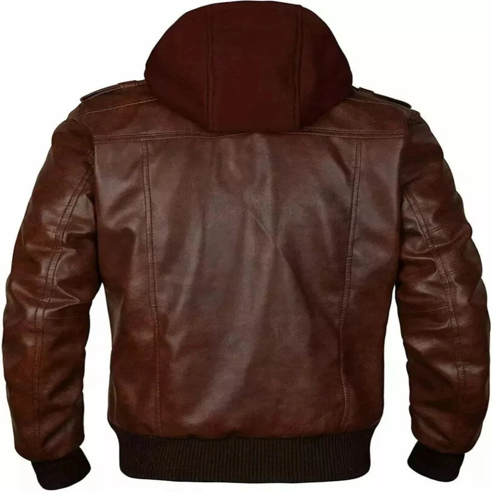 Men's Premium Brown Washed Lambskin Original Leather Hooded Bomber Jacket