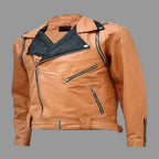 Men's Tan & Black Contrast Lapel Original Lambskin Leather Biker Jacket