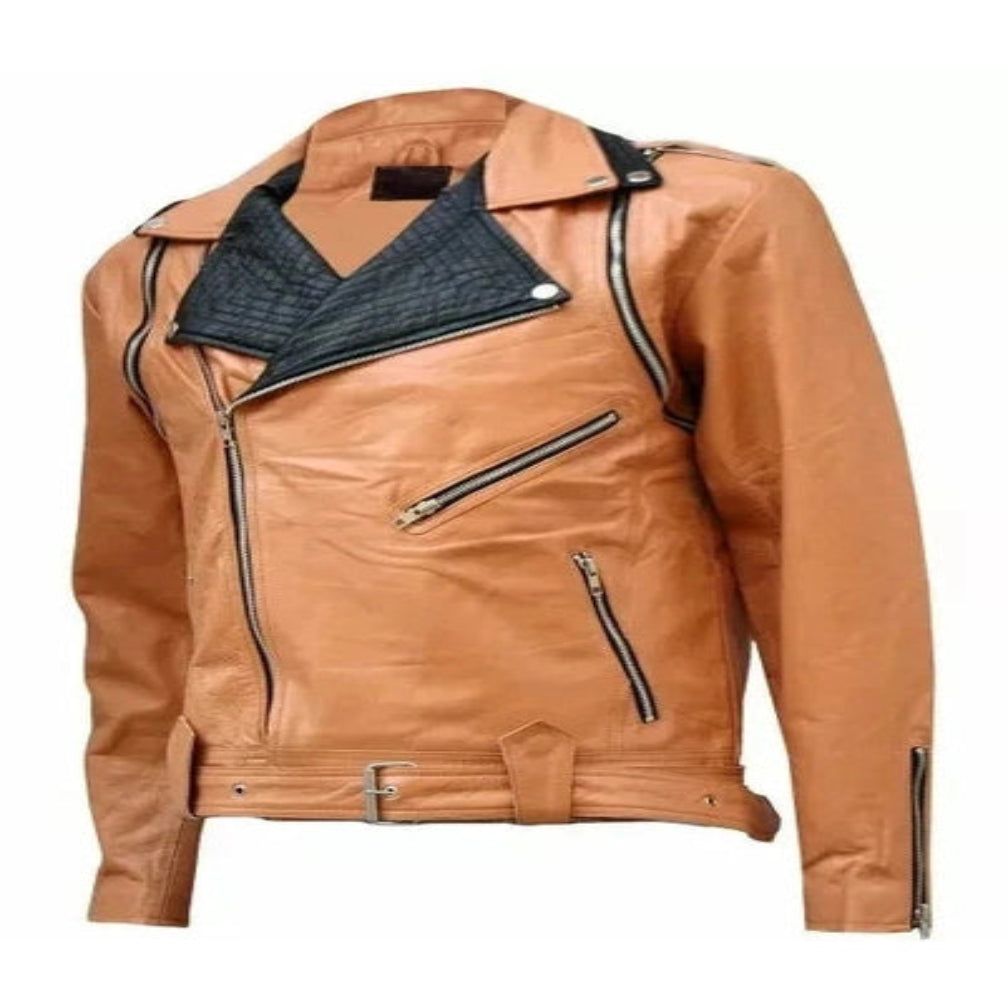 Men's Tan & Black Contrast Lapel Original Lambskin Leather Biker Jacket