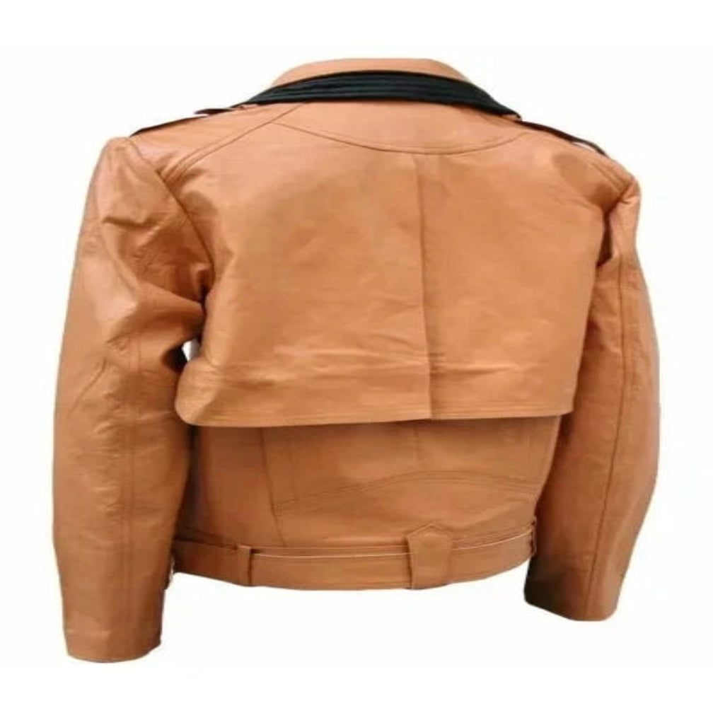 Men's Tan & Black Contrast Lapel Original Lambskin Leather Biker Jacket