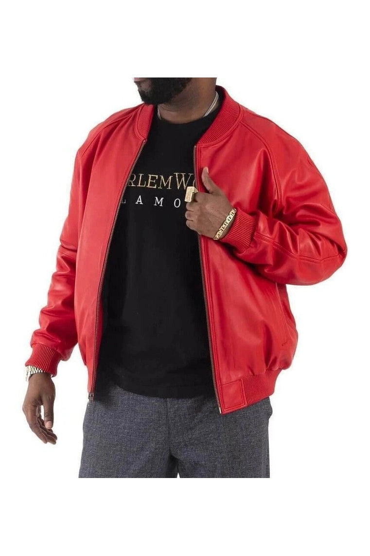 Men's Red Lambskin Premium Original Leather Bomber Jacket with Gold Hardware