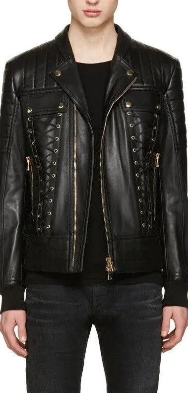 Men's Black Lambskin Premium Original Leather Lace-Up Biker Jacket with Gold Hardware & Quilted Shoulders