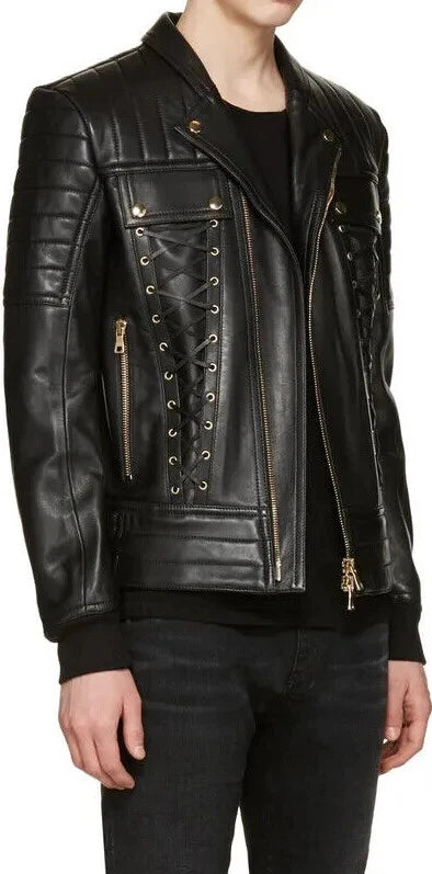 Men's Black Lambskin Premium Original Leather Lace-Up Biker Jacket with Gold Hardware & Quilted Shoulders