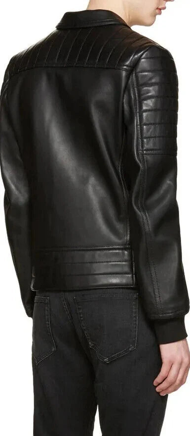 Men's Black Lambskin Premium Original Leather Lace-Up Biker Jacket with Gold Hardware & Quilted Shoulders