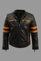 Men's Black & Orange Stripe Biker Premium Original Leather Jacket