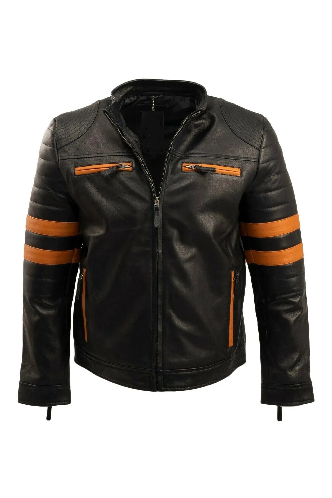 Men's Black & Orange Stripe Biker Premium Original Leather Jacket