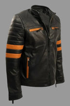 Men's Black & Orange Stripe Biker Premium Original Leather Jacket