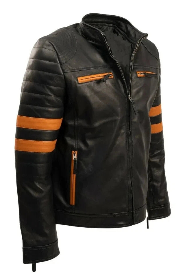 Men's Black & Orange Stripe Biker Premium Original Leather Jacket