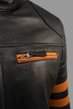 Men's Black & Orange Stripe Biker Premium Original Leather Jacket