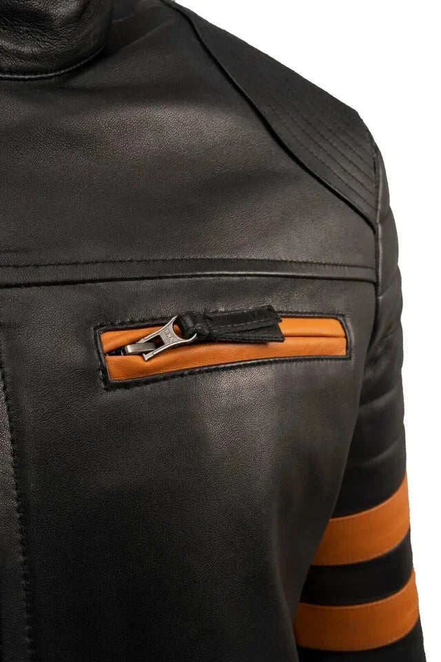 Men's Black & Orange Stripe Biker Premium Original Leather Jacket