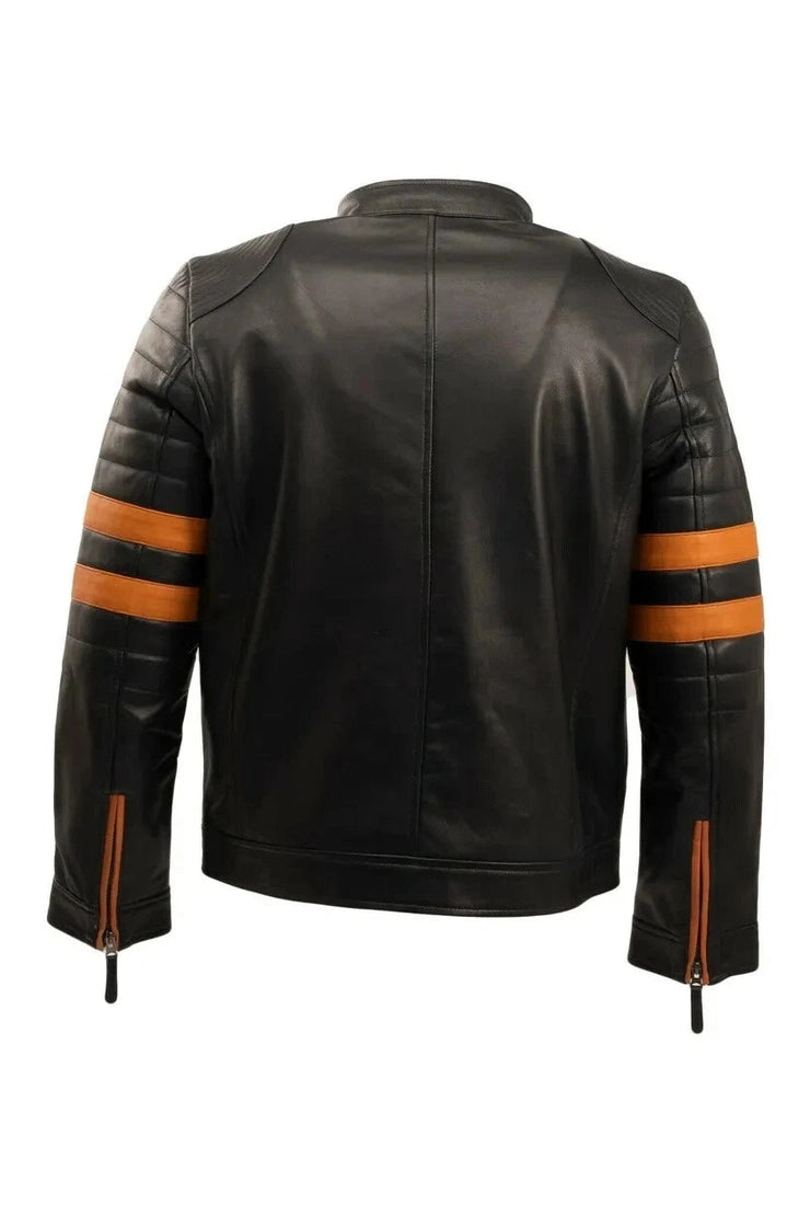 Men's Black & Orange Stripe Biker Premium Original Leather Jacket