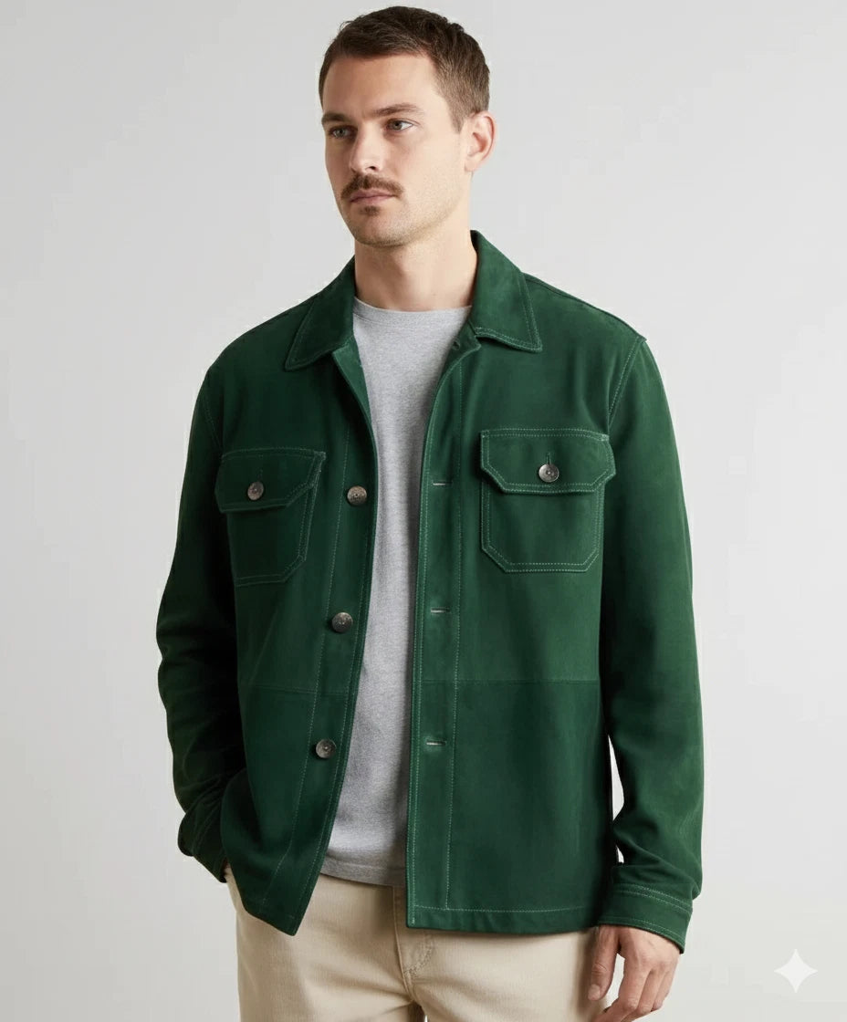 Men's Dark Green Suede Original Leather Trucker Jacket with Contrast Stitching