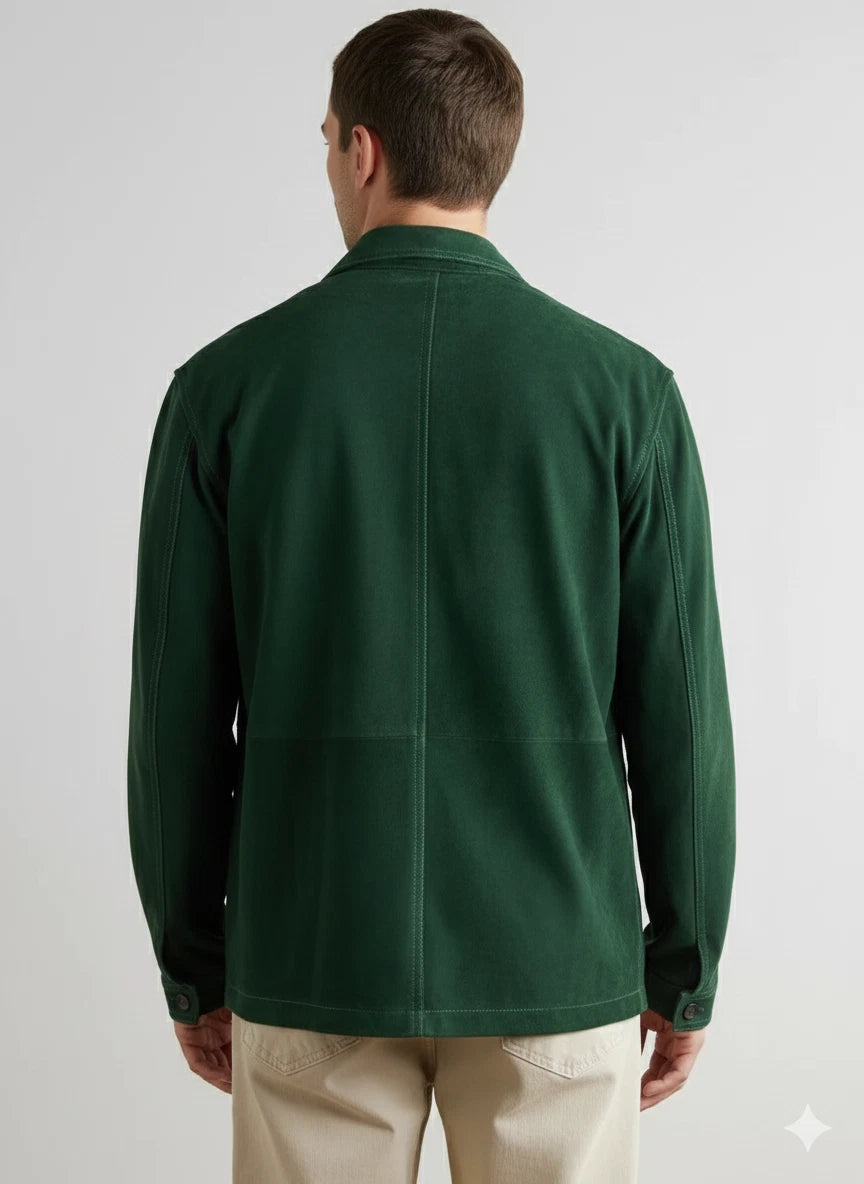 Men's Dark Green Suede Original Leather Trucker Jacket with Contrast Stitching
