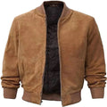 Men's Camel Tan Suede Premium Original Leather Bomber Jacket with Brown Ribbed Trim