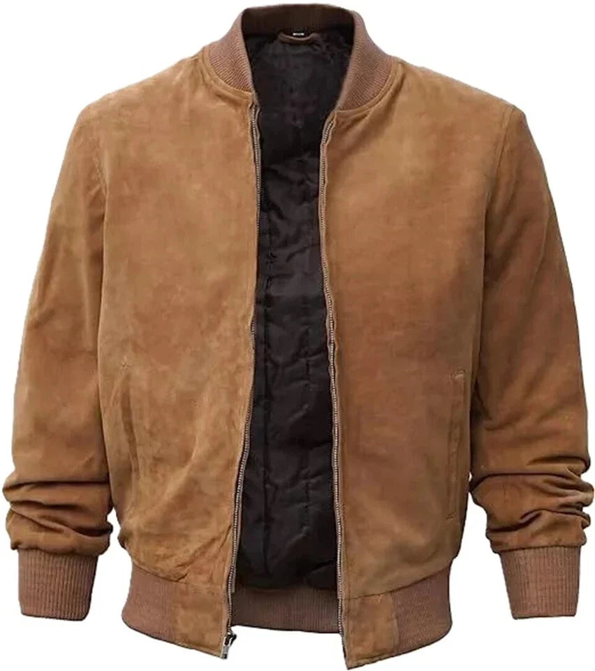 Men's Camel Tan Suede Premium Original Leather Bomber Jacket with Brown Ribbed Trim