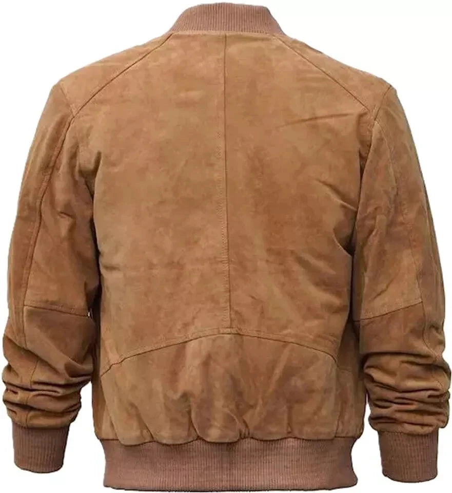 Men's Camel Tan Suede Premium Original Leather Bomber Jacket with Brown Ribbed Trim