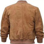 Men's Camel Tan Suede Premium Original Leather Bomber Jacket with Brown Ribbed Trim