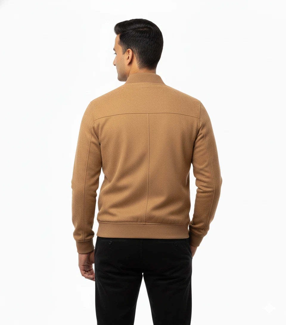 Men's Camel Tan Suede Original Premium Leather Stand-Collar Bomber Jacket