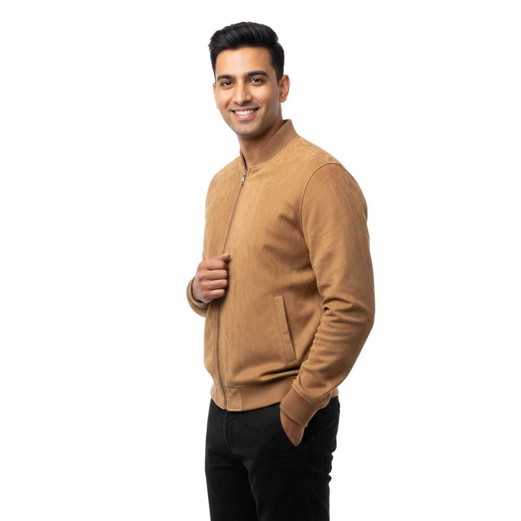 Men's Camel Tan Suede Original Premium Leather Stand-Collar Bomber Jacket