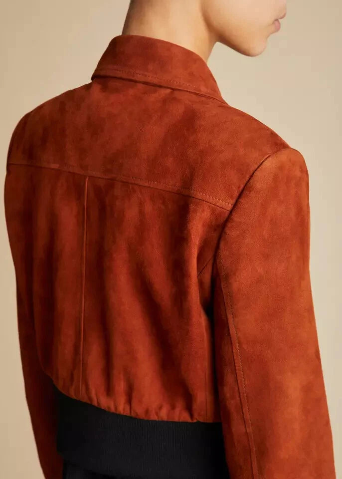 Women's Brown Lambskin Suede Cropped Bomber Premium Original Leather Jacket